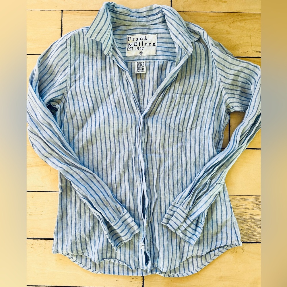Frank & Eileen Sz Medium Barry linen blue striped Button Up Shirt Top